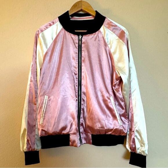 Reversible Charmeuse Embroidered Bomber Jacket Reversible Pockets Black Pink - Picture 9 of 11